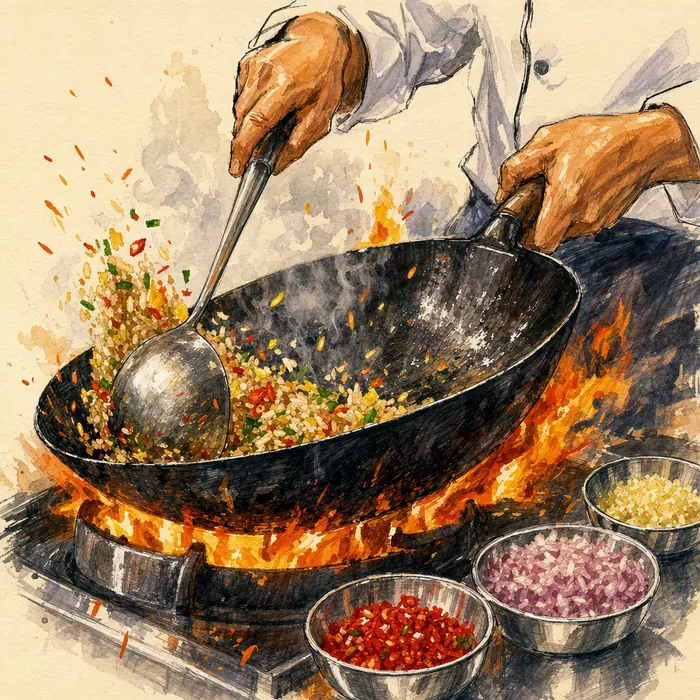 Marker illustration of a chef’s hands at the wok